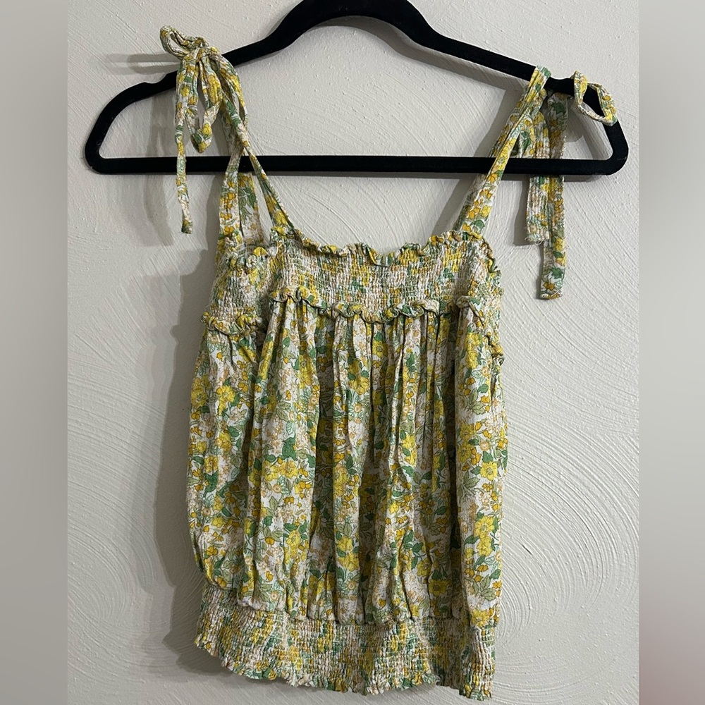Rachel Zoe Floral Smocked Top - Green & Yellow - tie sleeve - like new - size XS